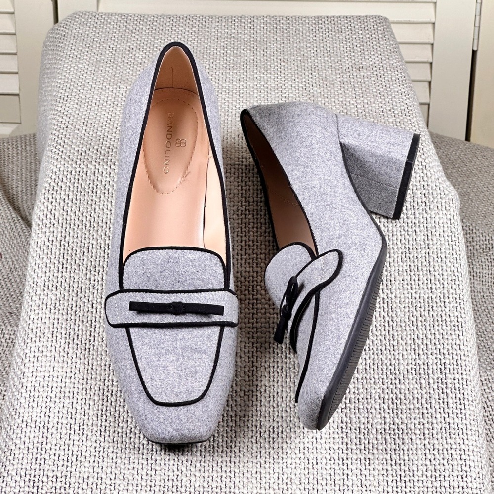 Bandolino Larkin Modern Gray Square Toe Loafer Heels Black Bow Trim Size 9 M - Picture 9 of 9